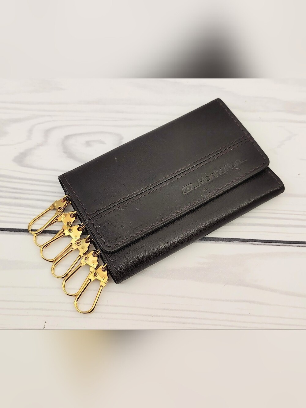 Men's Black Leather Key Holder Wallet with Gold Hardware
